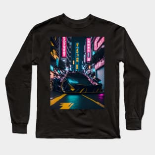 Dark Neon Sports Car in Japanese Neon City Long Sleeve T-Shirt